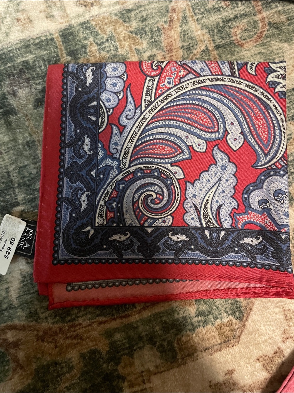 Jos. A. Bank Red Paisley Silk-Effect Pocket Square with Navy Accents